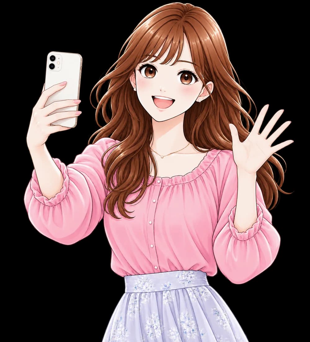 スマートフォンを持って手を振る女性のイラスト